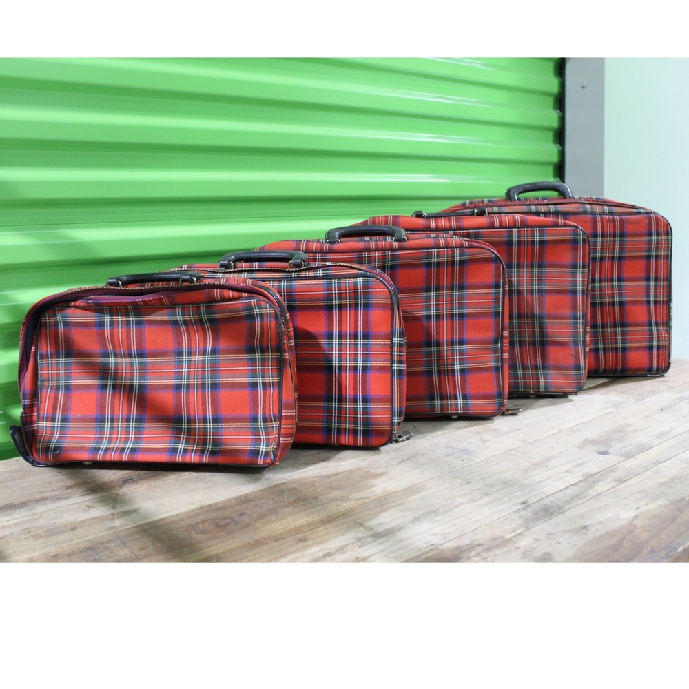 Vintage Yorkshire 5 Piece Nesting Luggage Set Red Plaid Suitcases Made in Japan